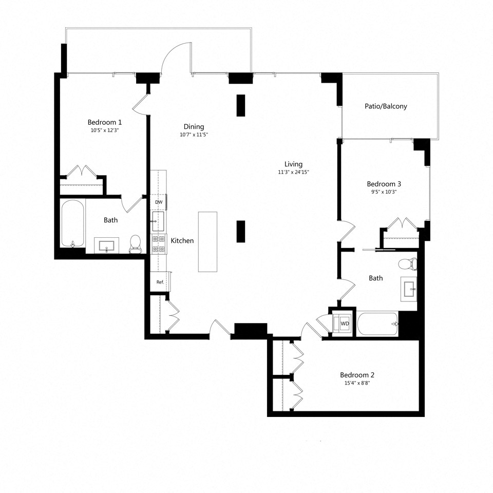 Floor plan for 3 beds, 2 baths, 1347 sqft